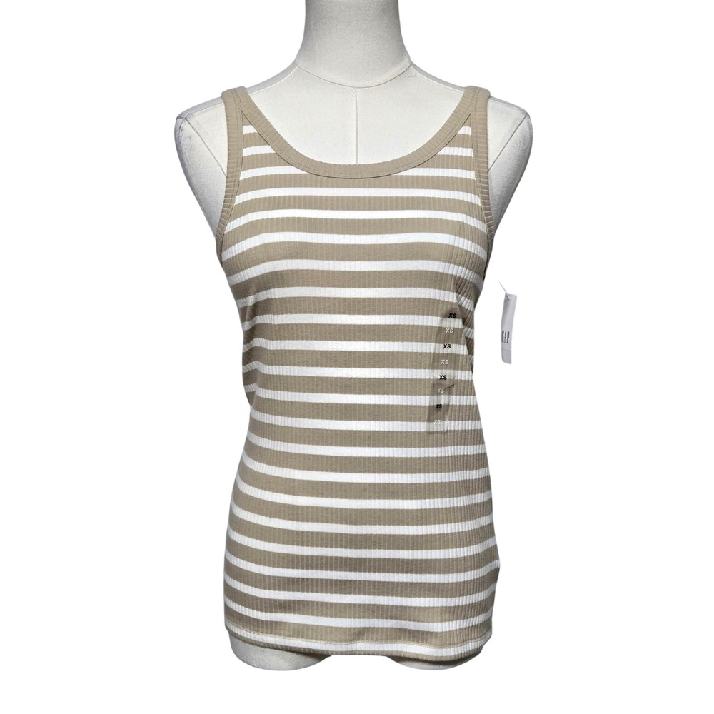 Gap Tank Top Womens XS‎ Beige White Striped Rib Knit Scoop Neck Cotton Blend